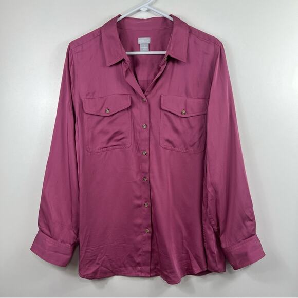 Chico's Sandwashed Satin Shirt 100% Modal Size 16/18 Pinkish Purple Button Up - Picture 7 of 10